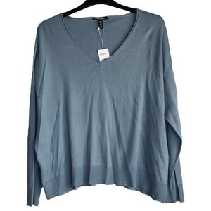 Eileen Fisher Womens Medium‎ Blue Steel Boxy Knit Pullover Peruvian Cotton Blend